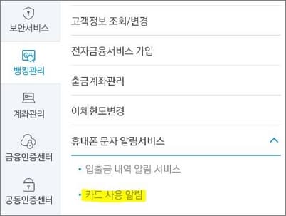 카드 사용 알림 메뉴 터치