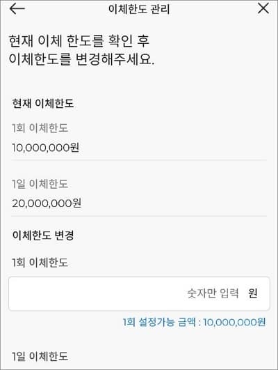 현재 이체한도 금액 조회