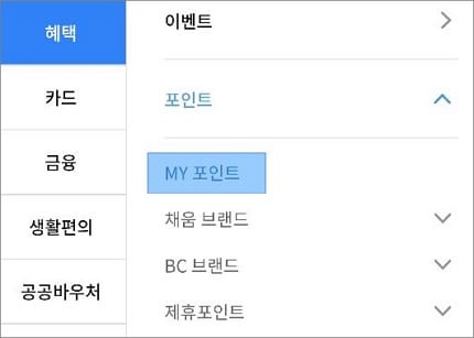혜택 항목에서 포인트 메뉴 터치