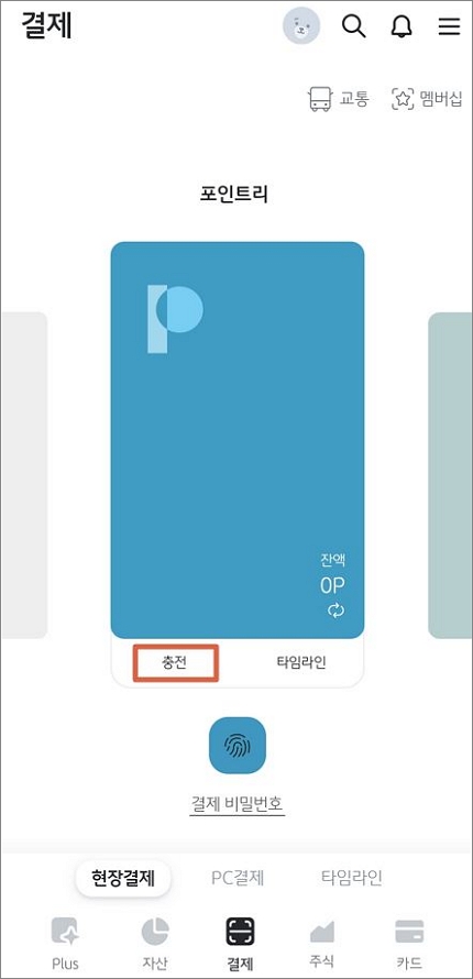 화면 하단에 결제 메뉴 터치