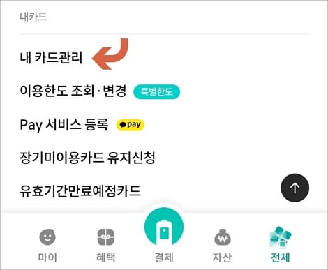 내 카드 항목에서 카드관리 메뉴 선택