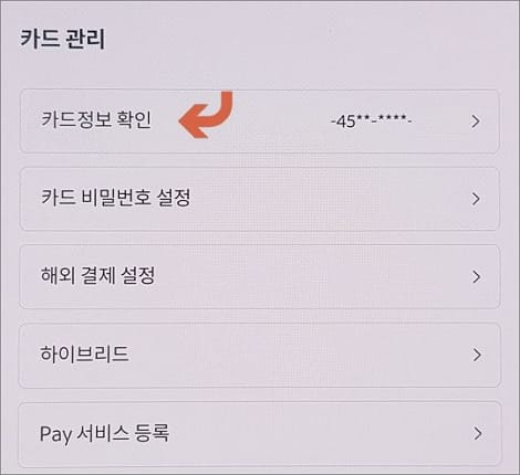카드 정보 확인 메뉴 터치