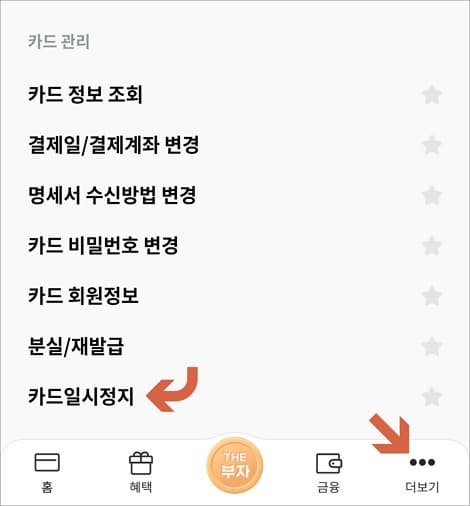 카드 일시정지 메뉴 선택