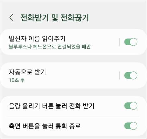 전화 받기 설정 항목